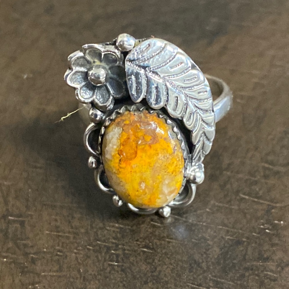 Sterling Silver Floral Leaf Ring with Yellow Stone - Picture 1 of 8